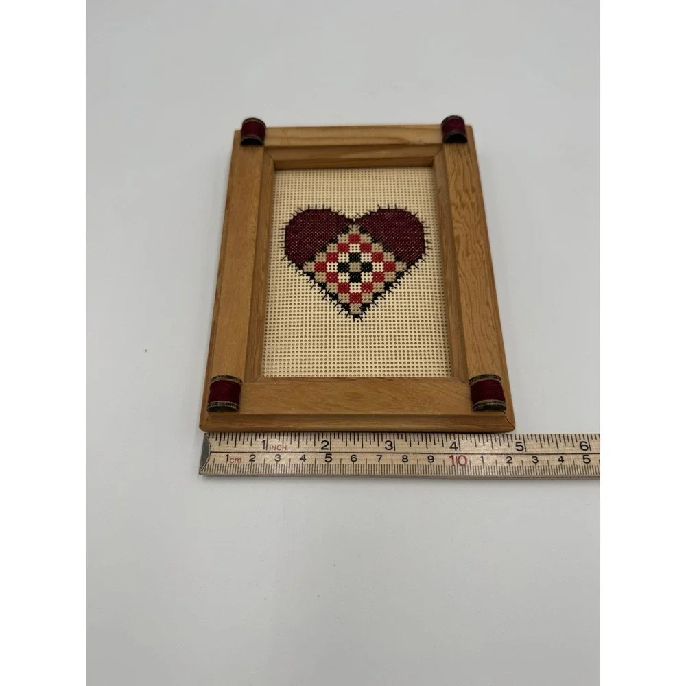 Vtg Framed Handmade Cross Stitch Patchwork Heart Design W/Wood Frame Cottagecore